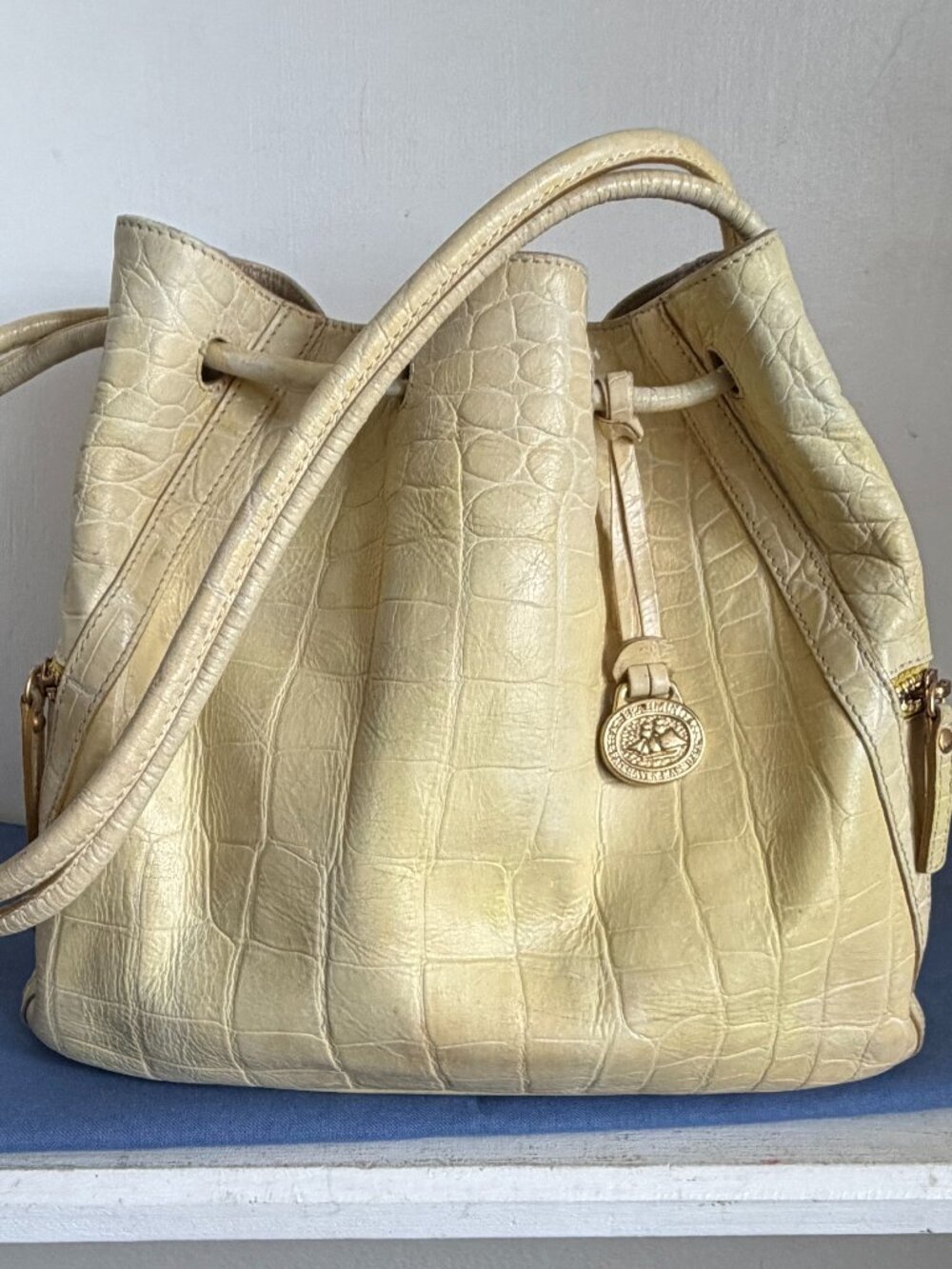BRAHMIN Delita Grotto Butter Sunbeam Drawstring Cinched Hobo Bucket Shoulder Bag